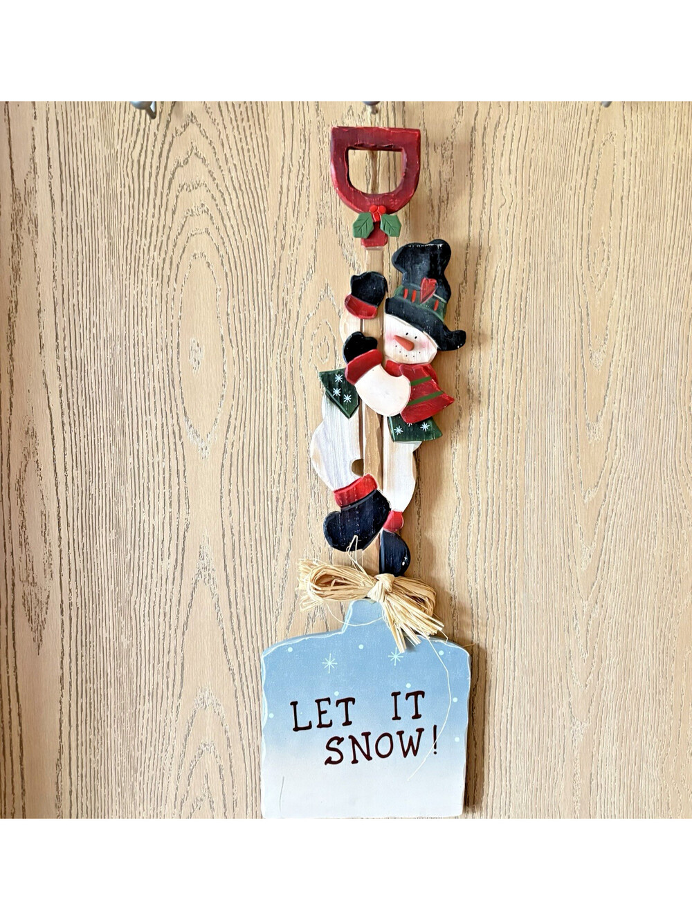 Let It Snow Wooden Hanging Christmas Sign Seasonal Hand Painted Snowman 23”x7”